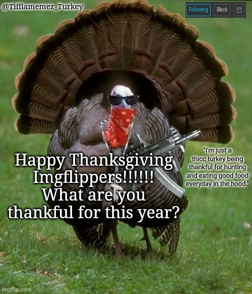 What are you thankful for this year? | Happy Thanksgiving Imgflippers!!!!!! What are you thankful for this year? | image tagged in tifflamemez_turkey announcement template,happy thanksgiving,thanksgiving,tifflamemez,thankful,holiday | made w/ Imgflip meme maker