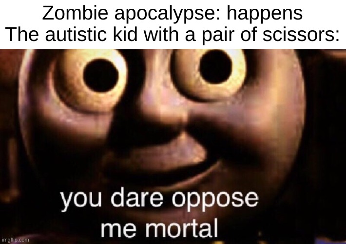 you have chosen...D E A T H. | Zombie apocalypse: happens
The autistic kid with a pair of scissors: | image tagged in you dare oppose me mortal | made w/ Imgflip meme maker