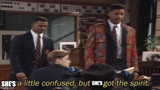 Fresh prince He a little confused, but he got the spirit. | SHE'S SHE'S | image tagged in fresh prince he a little confused but he got the spirit | made w/ Imgflip meme maker