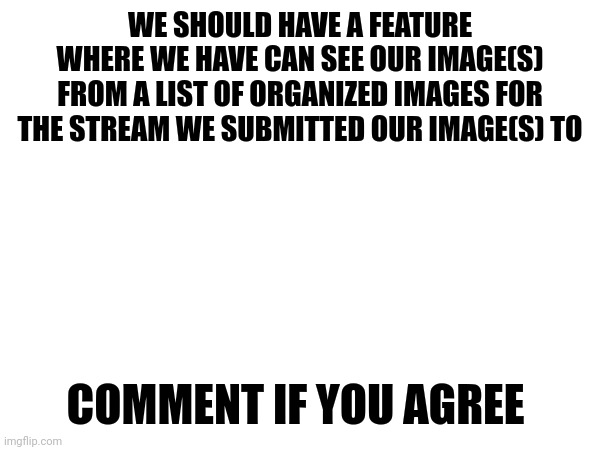 WE SHOULD HAVE A FEATURE WHERE WE HAVE CAN SEE OUR IMAGE(S) FROM A LIST OF ORGANIZED IMAGES FOR THE STREAM WE SUBMITTED OUR IMAGE(S) TO; COMMENT IF YOU AGREE | made w/ Imgflip meme maker