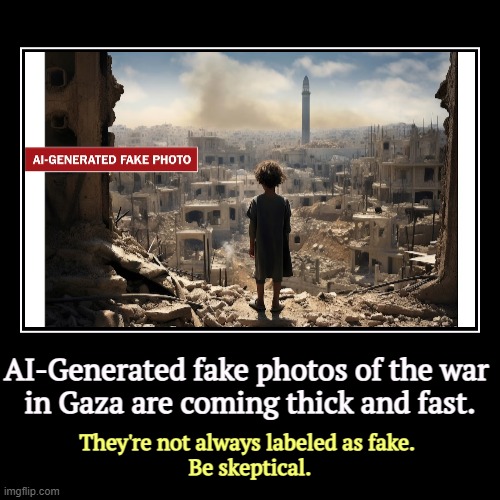 Many photos coming out of Gaza are AI-generated fakes. | AI-Generated fake photos of the war 
in Gaza are coming thick and fast. | They're not always labeled as fake. 
Be skeptical. | image tagged in funny,demotivationals,ai,fake news,gaza,photos | made w/ Imgflip demotivational maker