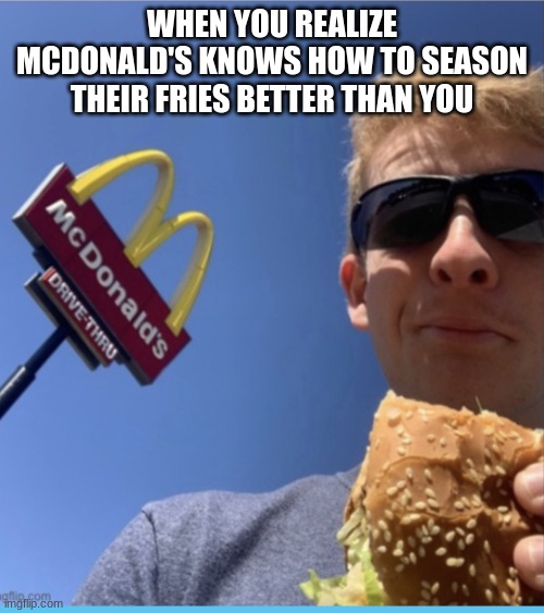 AI generated memes | WHEN YOU REALIZE MCDONALD'S KNOWS HOW TO SEASON THEIR FRIES BETTER THAN YOU | image tagged in thelargepig eating mcdonalds | made w/ Imgflip meme maker
