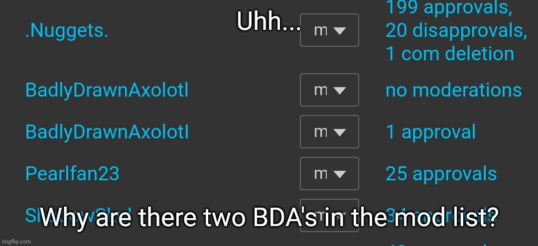 These are in fact two separate accounts, but I was genuinely confused for a bit. I think I figured out what he did though | Uhh... Why are there two BDA's in the mod list? | made w/ Imgflip meme maker