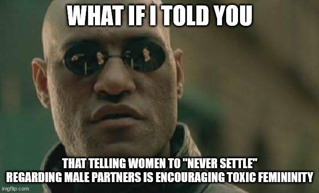 It basically implies that they're entitled to rich tall men. Imagine if we said something similar to men about women. | WHAT IF I TOLD YOU; THAT TELLING WOMEN TO "NEVER SETTLE" REGARDING MALE PARTNERS IS ENCOURAGING TOXIC FEMININITY | image tagged in memes,matrix morpheus | made w/ Imgflip meme maker