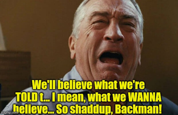 deniro crying | We'll believe what we're TOLD t... I mean, what we WANNA believe... So shaddup, Backman! | image tagged in deniro crying | made w/ Imgflip meme maker