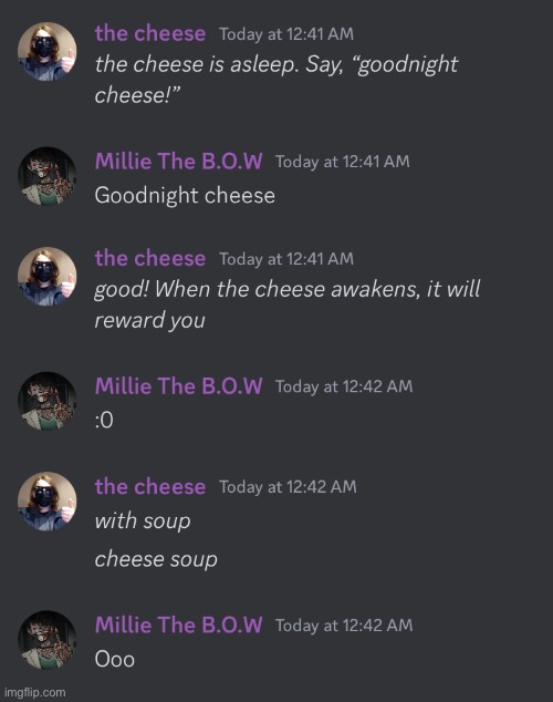 Absolutely wild interaction between me and Trench_Soldier (I am the cheese, Trench_Soldier is Millie the B.O.W) | image tagged in discord,screenshot | made w/ Imgflip meme maker