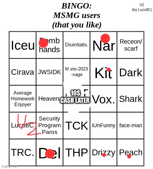 MSMG Users Bingo | 10$ CASH LATER | image tagged in msmg users bingo | made w/ Imgflip meme maker