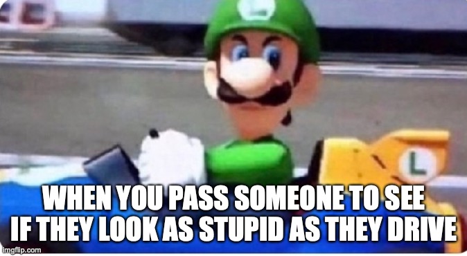 do you drive | WHEN YOU PASS SOMEONE TO SEE IF THEY LOOK AS STUPID AS THEY DRIVE | image tagged in angry luigi | made w/ Imgflip meme maker