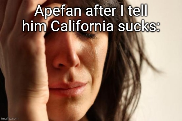 First World Problems | Apefan after I tell him California sucks: | image tagged in memes,first world problems | made w/ Imgflip meme maker