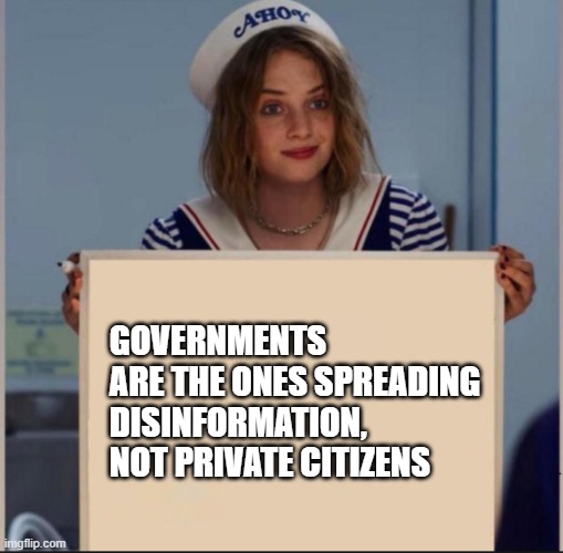 Disnformation | GOVERNMENTS ARE THE ONES SPREADING DISINFORMATION, NOT PRIVATE CITIZENS | image tagged in ahoy girl,government,private | made w/ Imgflip meme maker