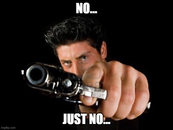 Guy With Gun | NO... JUST NO... | image tagged in guy with gun | made w/ Imgflip meme maker