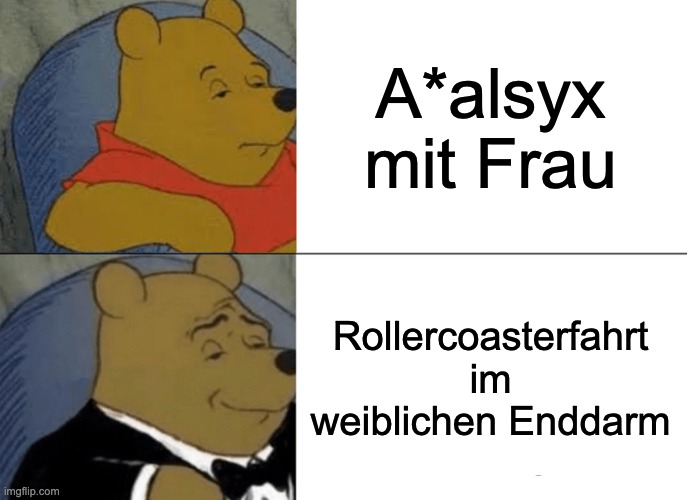 Tuxedo Winnie The Pooh | A*alsyx mit Frau; Rollercoasterfahrt im weiblichen Enddarm | image tagged in memes,tuxedo winnie the pooh | made w/ Imgflip meme maker