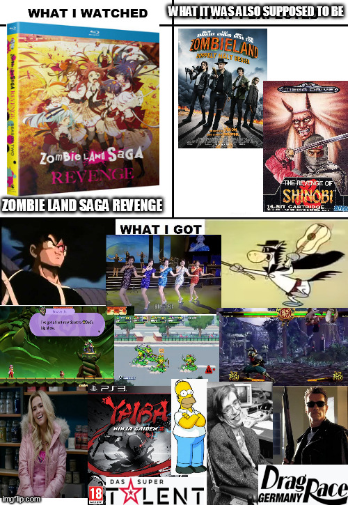 Wait a minute, where were Siggi und Babarras jokes in Zombie Land Saga Revenge even though Lily was overshadowed by controversy? | WHAT IT WAS ALSO SUPPOSED TO BE; ZOMBIE LAND SAGA REVENGE | image tagged in what i watched/ what i expected/ what i got,tmnt,super mario bros,zombie,the simpsons,k-pop | made w/ Imgflip meme maker