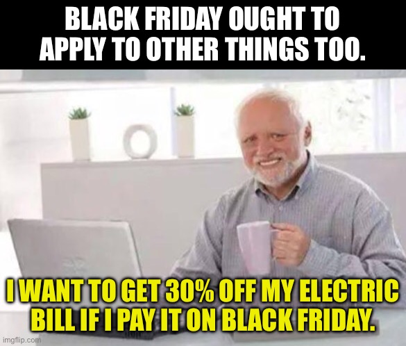Truth | BLACK FRIDAY OUGHT TO APPLY TO OTHER THINGS TOO. I WANT TO GET 30% OFF MY ELECTRIC BILL IF I PAY IT ON BLACK FRIDAY. | image tagged in harold | made w/ Imgflip meme maker