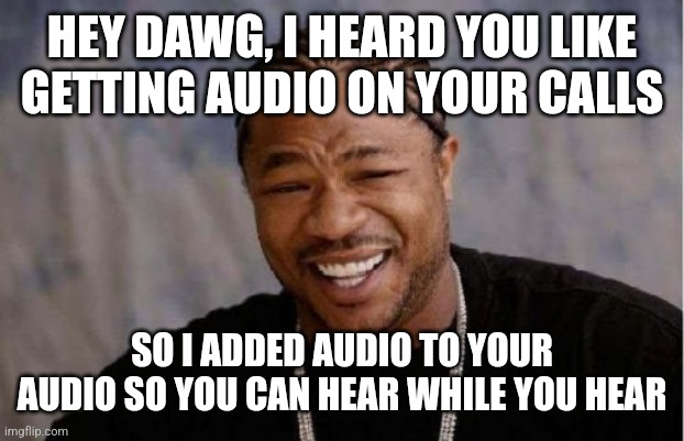 Yo Dawg Heard You Meme | HEY DAWG, I HEARD YOU LIKE GETTING AUDIO ON YOUR CALLS; SO I ADDED AUDIO TO YOUR AUDIO SO YOU CAN HEAR WHILE YOU HEAR | image tagged in memes,yo dawg heard you | made w/ Imgflip meme maker