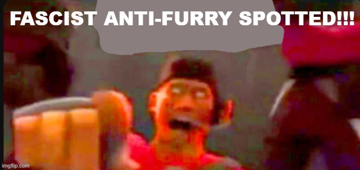 Tf2 scout pointing | FASCIST ANTI-FURRY SPOTTED!!! | image tagged in tf2 scout pointing | made w/ Imgflip meme maker