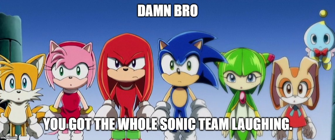 Got the whole Sonic team Laughing. | DAMN BRO; YOU GOT THE WHOLE SONIC TEAM LAUGHING. | image tagged in sonic the hedgehog,sonic,sonic x,damn bro you got the whole squad laughing,anime,screenshot | made w/ Imgflip meme maker