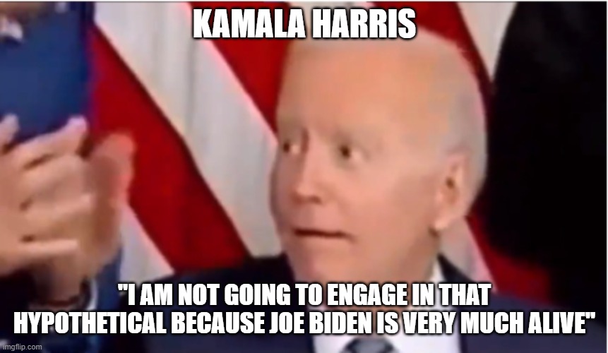 Very much alive | KAMALA HARRIS; "I AM NOT GOING TO ENGAGE IN THAT HYPOTHETICAL BECAUSE JOE BIDEN IS VERY MUCH ALIVE" | image tagged in joe biden,biden,kamala harris,vice president,potus,presidential election | made w/ Imgflip meme maker