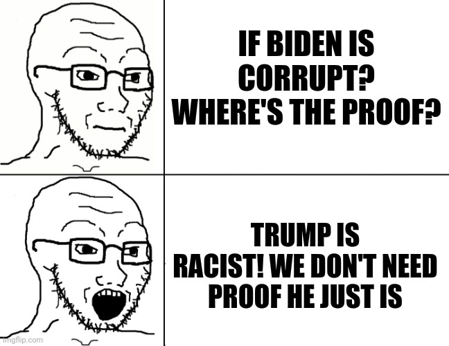 They are a tedious creature | IF BIDEN IS CORRUPT? WHERE'S THE PROOF? TRUMP IS RACIST! WE DON'T NEED PROOF HE JUST IS | image tagged in soyjak reaction,donald trump,joe biden,government corruption,racism | made w/ Imgflip meme maker