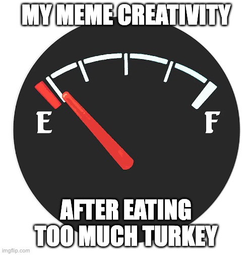 why doesn't everybody eat turkey at bedtime? | MY MEME CREATIVITY; AFTER EATING TOO MUCH TURKEY | image tagged in gas gauge,running on empty | made w/ Imgflip meme maker