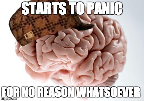 Scumbag Brain | STARTS TO PANIC FOR NO REASON WHATSOEVER | image tagged in scumbag brain,AdviceAnimals | made w/ Imgflip meme maker