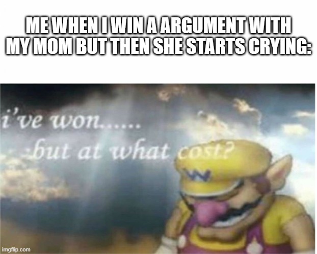 I won but at what cost | ME WHEN I WIN A ARGUMENT WITH MY MOM BUT THEN SHE STARTS CRYING: | image tagged in i won but at what cost | made w/ Imgflip meme maker