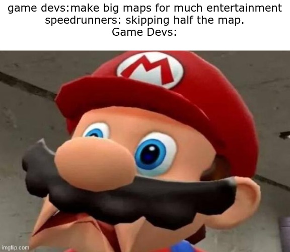 ahum *mario 64* cough | game devs:make big maps for much entertainment
speedrunners: skipping half the map.
Game Devs: | image tagged in mario wtf,super mario 64 | made w/ Imgflip meme maker