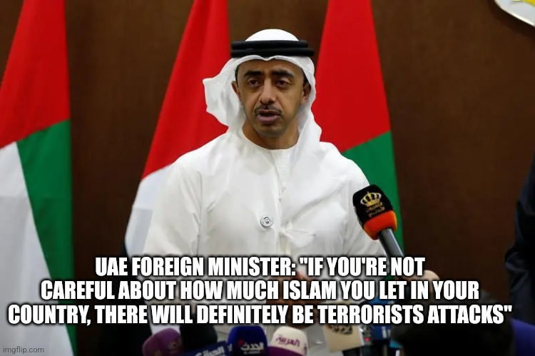 UAE FOREIGN MINISTER: "IF YOU'RE NOT CAREFUL ABOUT HOW MUCH ISLAM YOU LET IN YOUR COUNTRY, THERE WILL DEFINITELY BE TERRORISTS ATTACKS" | image tagged in funny memes | made w/ Imgflip meme maker