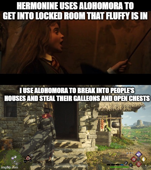 Using Alohomora | HERMONINE USES ALOHOMORA TO GET INTO LOCKED ROOM THAT FLUFFY IS IN; I USE ALOHOMORA TO BREAK INTO PEOPLE'S HOUSES AND STEAL THEIR GALLEONS AND OPEN CHESTS | image tagged in harry potter,hogwarts legacy,gaming,gaming meme | made w/ Imgflip meme maker