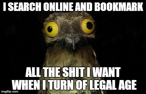 Weird Stuff I Do Potoo Meme | I SEARCH ONLINE AND BOOKMARK ALL THE SHIT I WANT WHEN I TURN OF LEGAL AGE | image tagged in memes,weird stuff i do potoo,AdviceAnimals | made w/ Imgflip meme maker