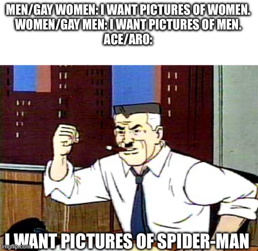 Not tryna be rude or anything. | MEN/GAY WOMEN: I WANT PICTURES OF WOMEN.
WOMEN/GAY MEN: I WANT PICTURES OF MEN.
ACE/ARO:; I WANT PICTURES OF SPIDER-MAN | image tagged in i want pictures of spiderman | made w/ Imgflip meme maker
