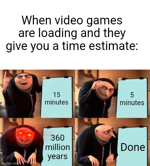 Credit: VaazkLShorts | When video games are loading and they give you a time estimate:; 5 minutes; 15 minutes; 360 million years; Done | image tagged in memes,gru's plan,stay blobby,gaming,funny | made w/ Imgflip meme maker
