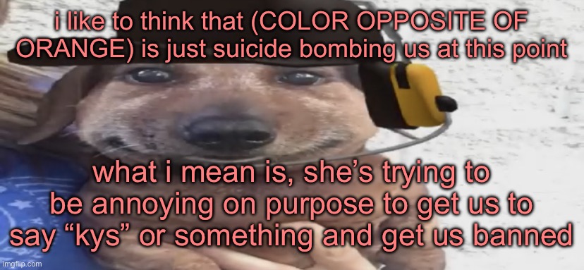 chucklenuts | i like to think that (COLOR OPPOSITE OF ORANGE) is just suicide bombing us at this point; what i mean is, she’s trying to be annoying on purpose to get us to say “kys” or something and get us banned | image tagged in chucklenuts | made w/ Imgflip meme maker