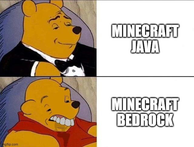 bro java is so much better | MINECRAFT JAVA; MINECRAFT BEDROCK | image tagged in tuxedo winnie the pooh grossed reverse | made w/ Imgflip meme maker