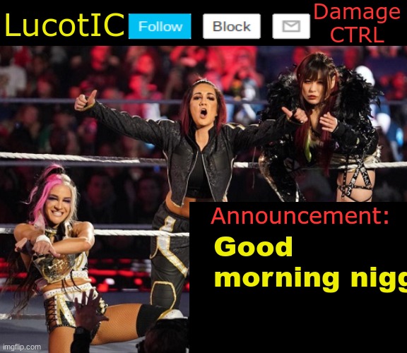. | Good morning nigg | image tagged in lucotic's damage ctrl announcement temp | made w/ Imgflip meme maker