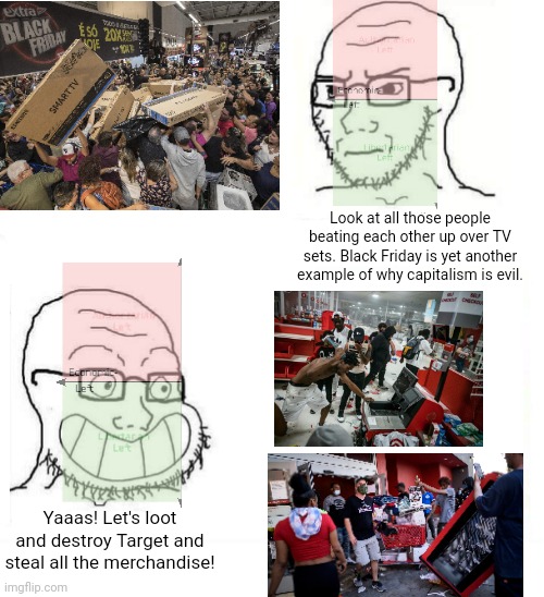 The same people who defended the riots of summer 2020 hypocritically decry black friday violence | Look at all those people beating each other up over TV sets. Black Friday is yet another example of why capitalism is evil. Yaaas! Let's loot and destroy Target and steal all the merchandise! | image tagged in so true wojak,political compass,liberal hypocrisy,black friday,riots,looting | made w/ Imgflip meme maker