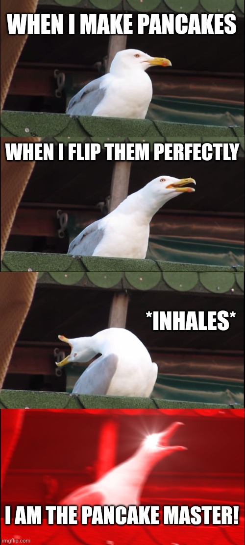 Inhaling Seagull Meme | WHEN I MAKE PANCAKES; WHEN I FLIP THEM PERFECTLY; *INHALES*; I AM THE PANCAKE MASTER! | image tagged in memes,inhaling seagull | made w/ Imgflip meme maker