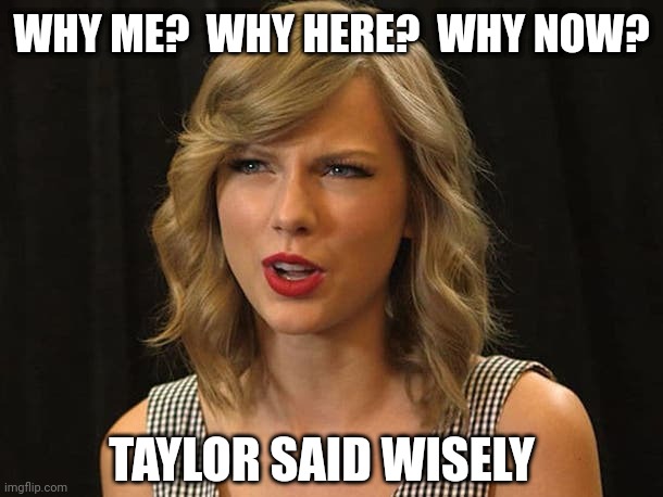 Taylor said wisely | WHY ME?  WHY HERE?  WHY NOW? TAYLOR SAID WISELY | image tagged in taylor swiftie | made w/ Imgflip meme maker