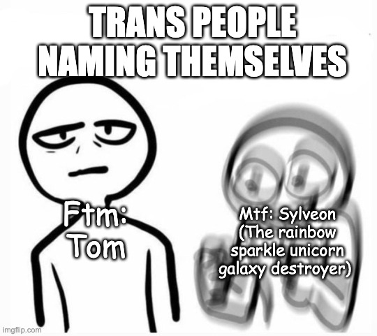 Trans girls name themselves the coolest stuff | TRANS PEOPLE NAMING THEMSELVES; Mtf: Sylveon (The rainbow sparkle unicorn galaxy destroyer); Ftm: Tom | image tagged in calm v excited,transgender,lgbtq,lgbt,funny memes | made w/ Imgflip meme maker