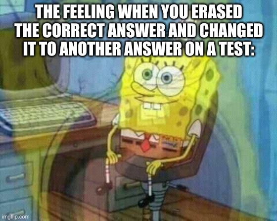so true ong fr | THE FEELING WHEN YOU ERASED THE CORRECT ANSWER AND CHANGED IT TO ANOTHER ANSWER ON A TEST: | image tagged in spongebob panic inside | made w/ Imgflip meme maker