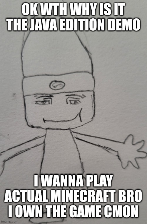parappa man face | OK WTH WHY IS IT THE JAVA EDITION DEMO; I WANNA PLAY ACTUAL MINECRAFT BRO I OWN THE GAME CMON | image tagged in parappa man face | made w/ Imgflip meme maker