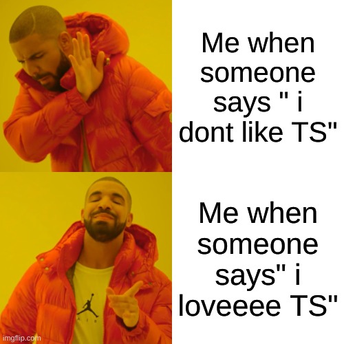 Drake Hotline Bling Meme | Me when someone says " i dont like TS"; Me when someone says" i loveeee TS" | image tagged in memes,drake hotline bling | made w/ Imgflip meme maker