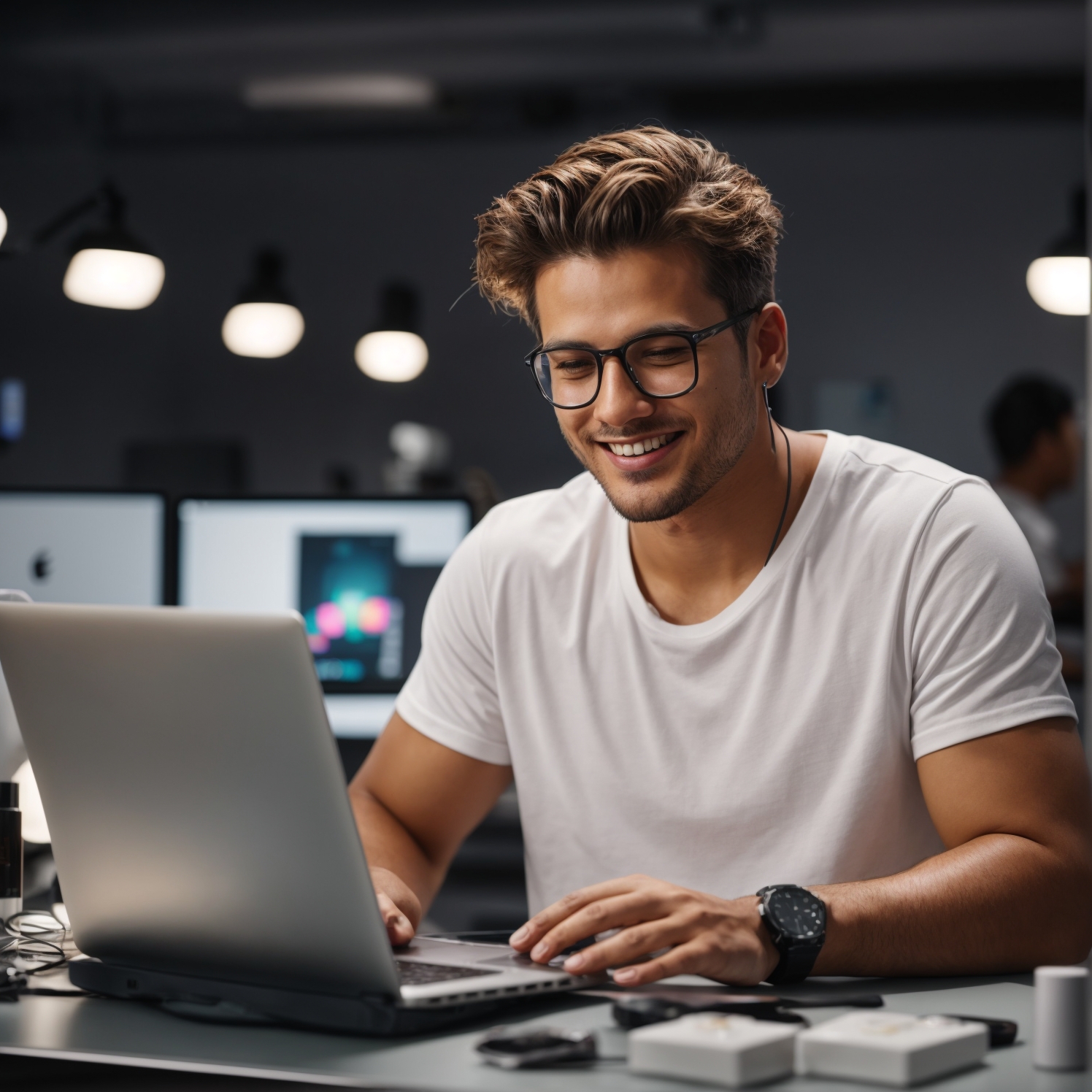 High Quality Geek man working on his laptop Blank Meme Template