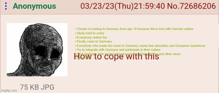 4chan How To Cope With This | > Dream of coming to Germany from age 10 because fell in love with German culture
>Study hard to come
>Everybody makes fun
>Finally come to Germany
>Everybody who made fun come to Germany cause free education and European experience
>Try to integrate with Germans and participate in their culture
>Find Germans hate immigrants because of certain religion and other races
>Anon SAD | image tagged in 4chan how to cope with this | made w/ Imgflip meme maker