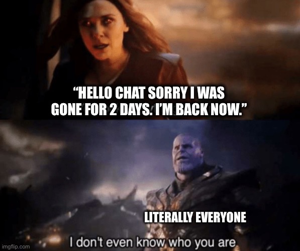 You took everything from me - I don't even know who you are | “HELLO CHAT SORRY I WAS GONE FOR 2 DAYS. I’M BACK NOW.”; LITERALLY EVERYONE | image tagged in you took everything from me - i don't even know who you are | made w/ Imgflip meme maker