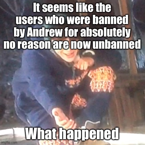 Did Andrew change his mind? Just curious | It seems like the users who were banned by Andrew for absolutely no reason are now unbanned; What happened | image tagged in w | made w/ Imgflip meme maker