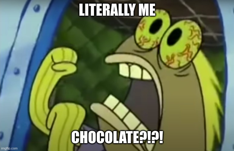 Spongebob Chocolate meme | LITERALLY ME; CHOCOLATE?!?! | image tagged in spongebob chocolate meme | made w/ Imgflip meme maker