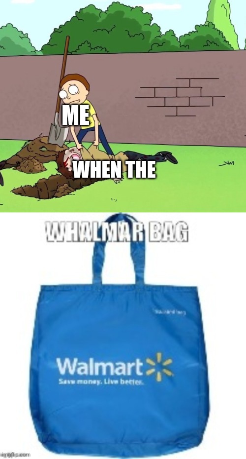 Walmar bag | ME; WHEN THE | image tagged in morty with his dead body,walmart bag | made w/ Imgflip meme maker