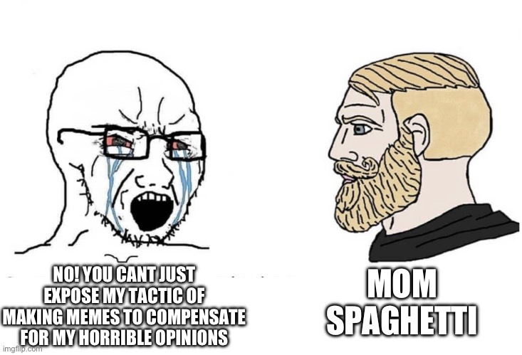 Soyboy Vs Yes Chad | NO! YOU CANT JUST EXPOSE MY TACTIC OF MAKING MEMES TO COMPENSATE FOR MY HORRIBLE OPINIONS MOM SPAGHETTI | image tagged in soyboy vs yes chad | made w/ Imgflip meme maker