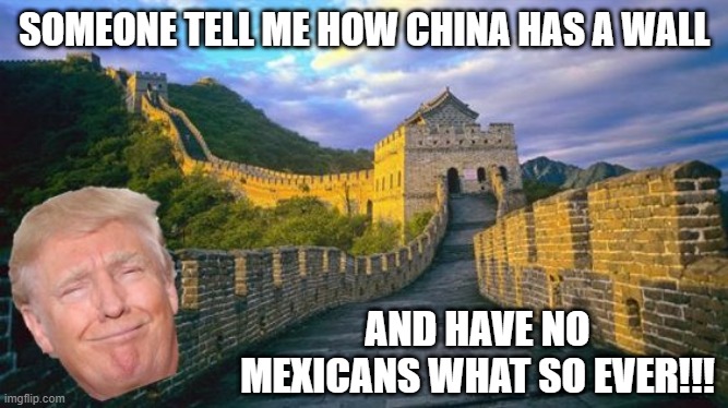 Where's My Wall? | SOMEONE TELL ME HOW CHINA HAS A WALL; AND HAVE NO MEXICANS WHAT SO EVER!!! | image tagged in donald great wall of china | made w/ Imgflip meme maker